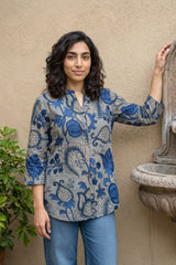 Blue leaf kalamkari shirt