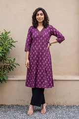 Wine small flower V-neck aline kurta