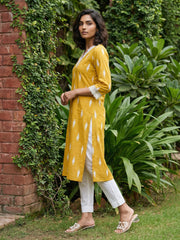 Mustard Ikkat print lacework suit set
