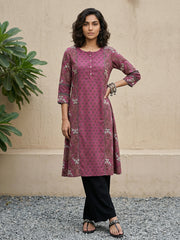 Pink grey floral Aline kurta with pocket