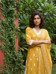 Mustard Ikkat print lacework suit set