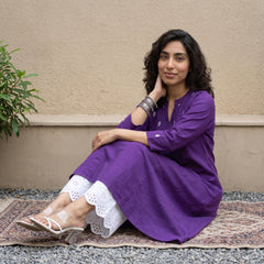 Purple embroidered yoke A-line kurta with pockets