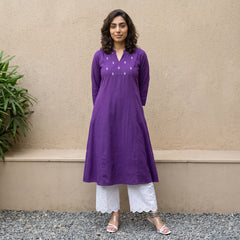 Purple embroidered yoke A-line kurta with pockets