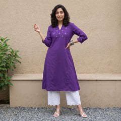 Purple embroidered yoke A-line kurta with pockets