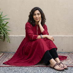 Maroon A-line mirror work kurti