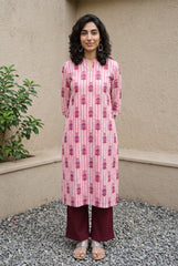 White pink buta ban neck kurta