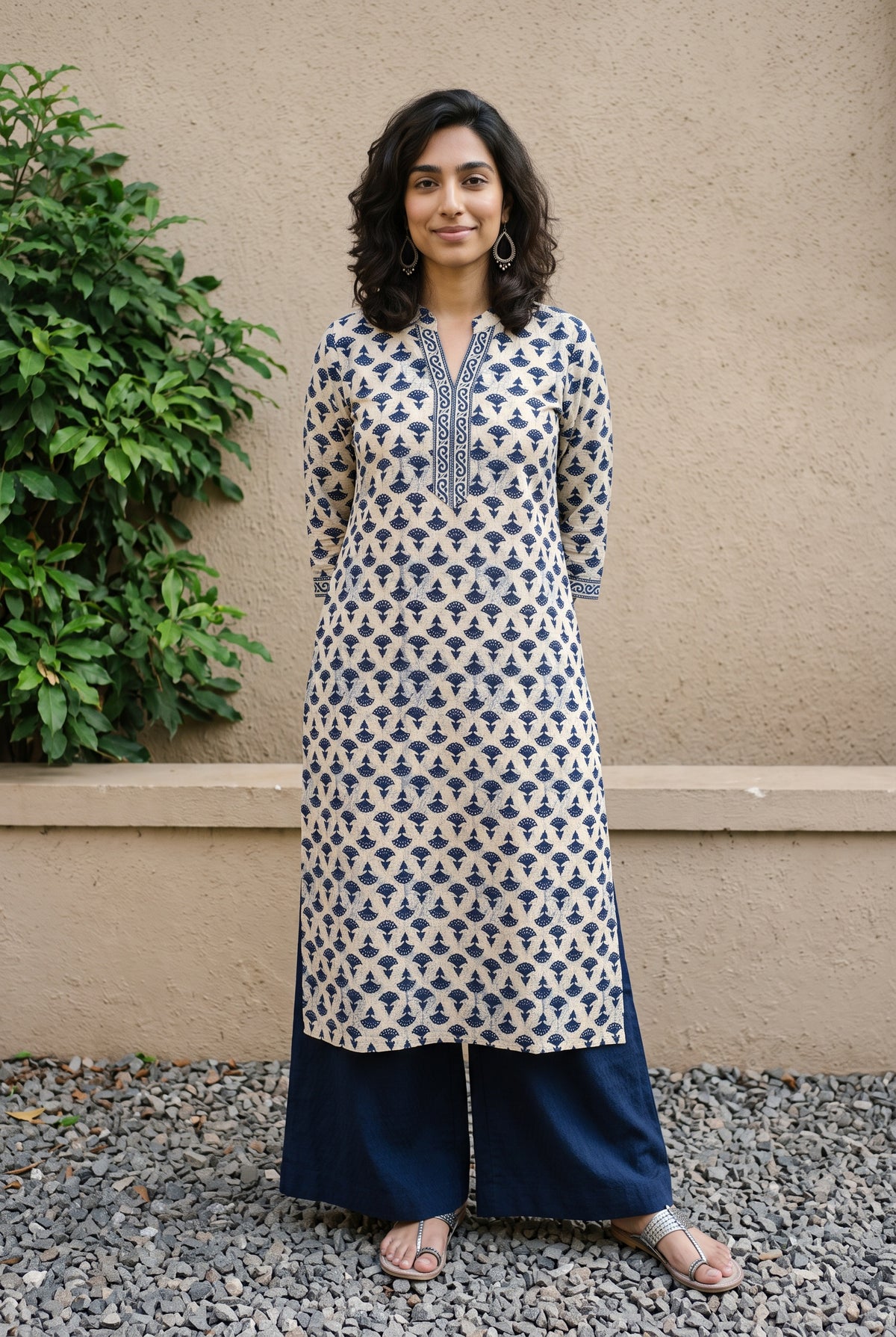 Indigo buta ban neck kurta