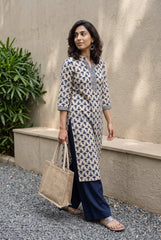 Indigo buta ban neck kurta