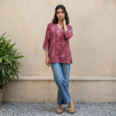 Red ambi handblock short kurti