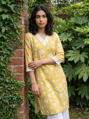 Mustard flower v- neck lacework kurta