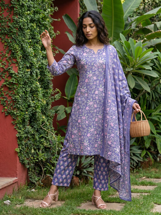 Sanganeri handblock Sitara work Neckline Suit Set