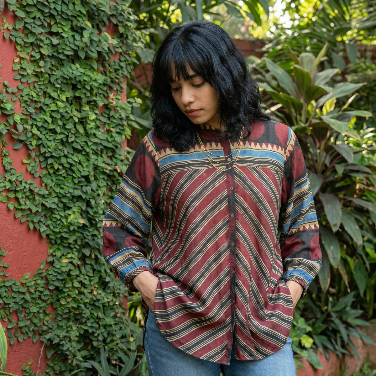Maroon digitally printed muslin silk shirt
