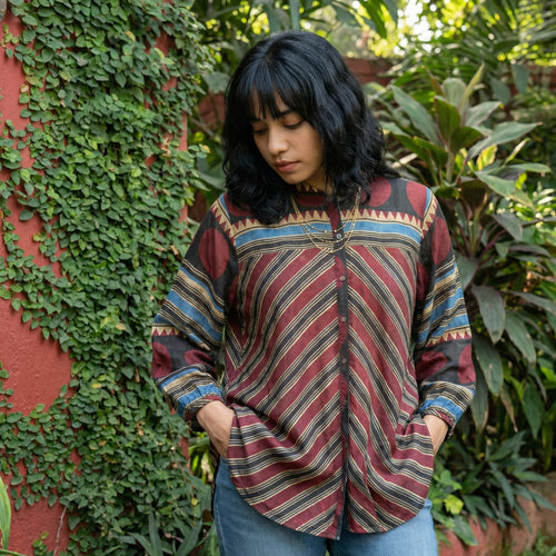 Maroon digitally printed muslin silk shirt