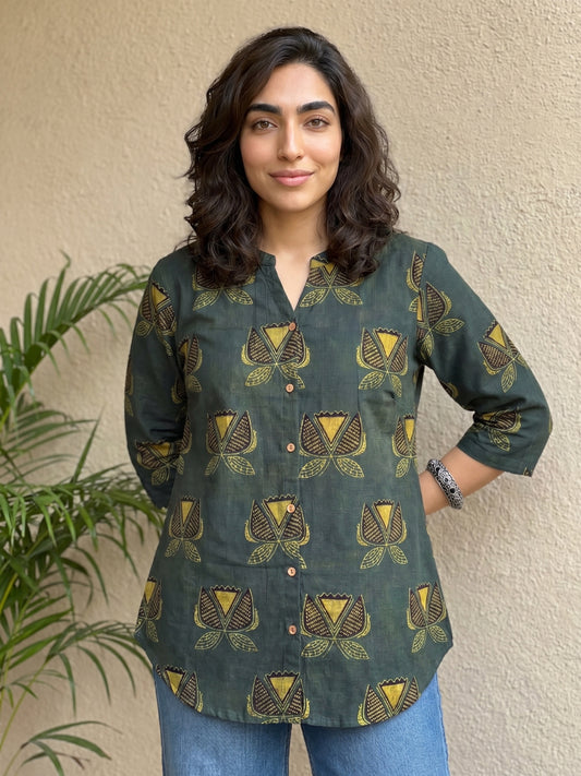 Bottle green ajrakh shirt