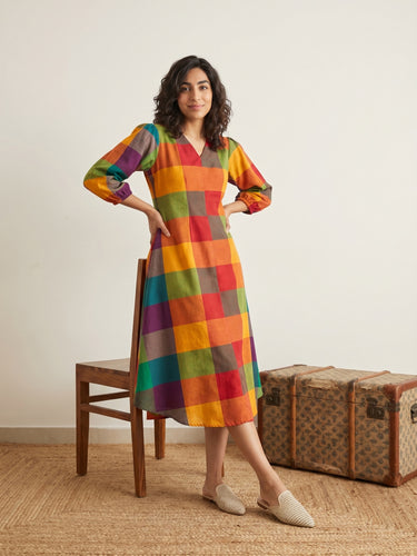 Madras check Aline kurti dress (Yellow)