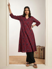 Maroon  Slub Peacock Aline Kurta