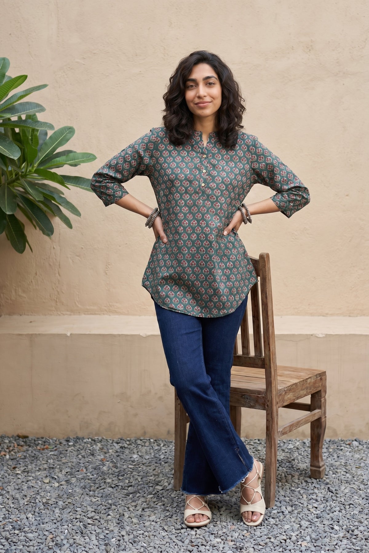 Green floral Ban neck short kurti