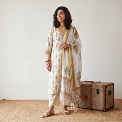White Yellow Leaf handblock printed suit set