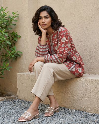 Brick Red floral A-line Top