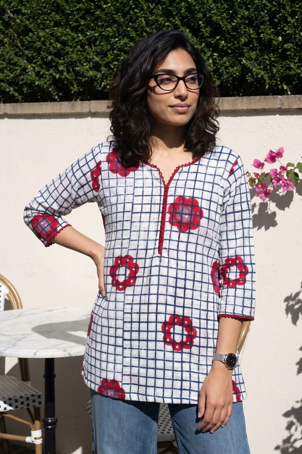 White checks texture short kurti