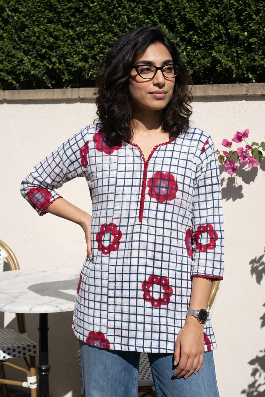 White checks texture short kurti