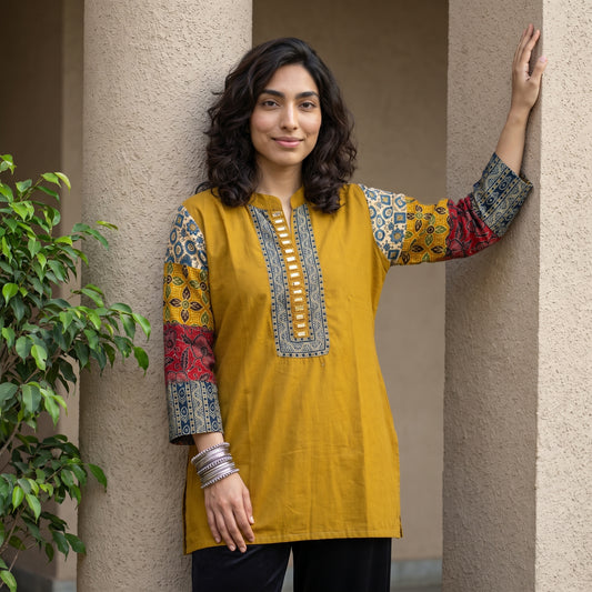 Mustard Ajrakh sleeve short kurti