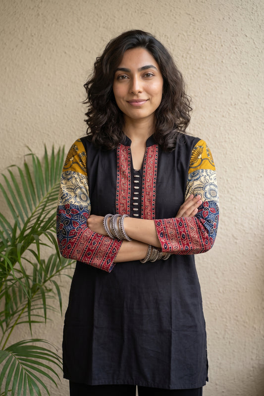 Black Ajrakh sleeve short kurti