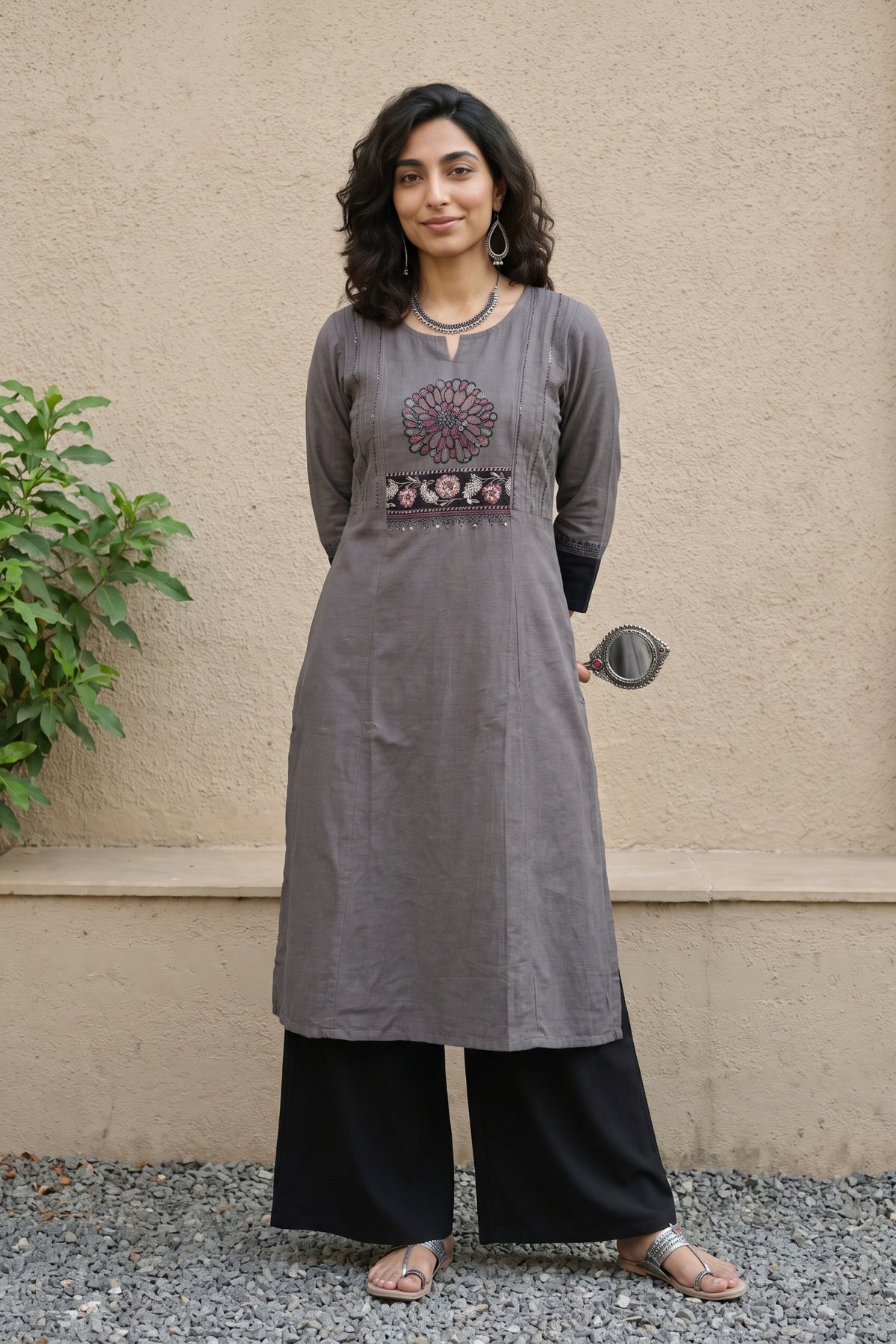 Grey solid Fabric yoke kurta