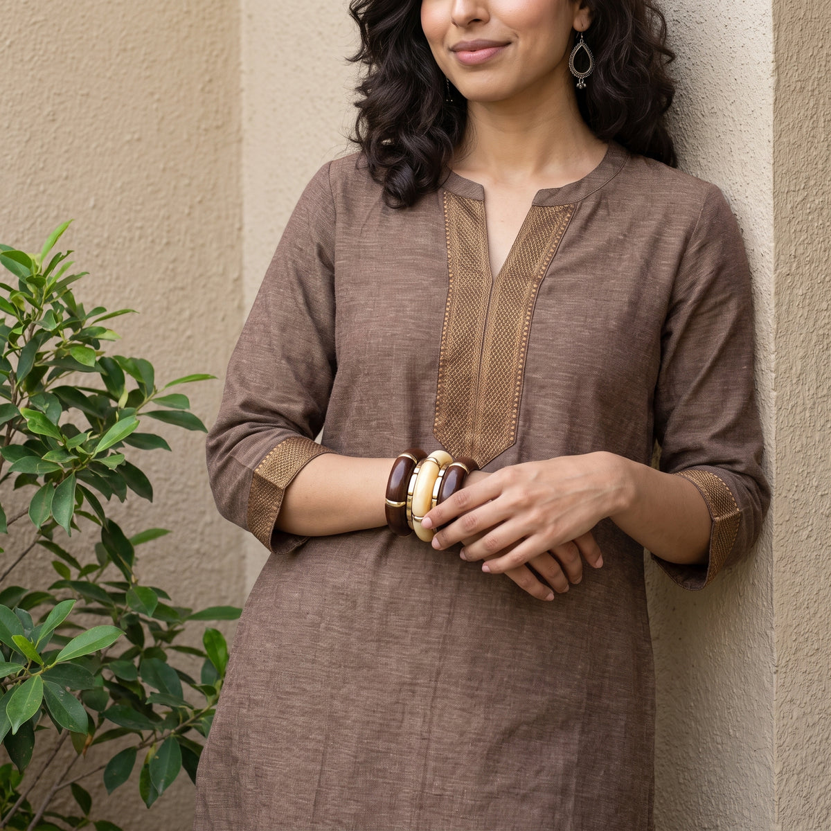 Brown Narayanpeth border kurta