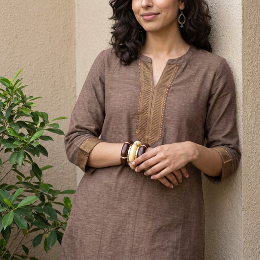 Brown Narayanpeth border kurta