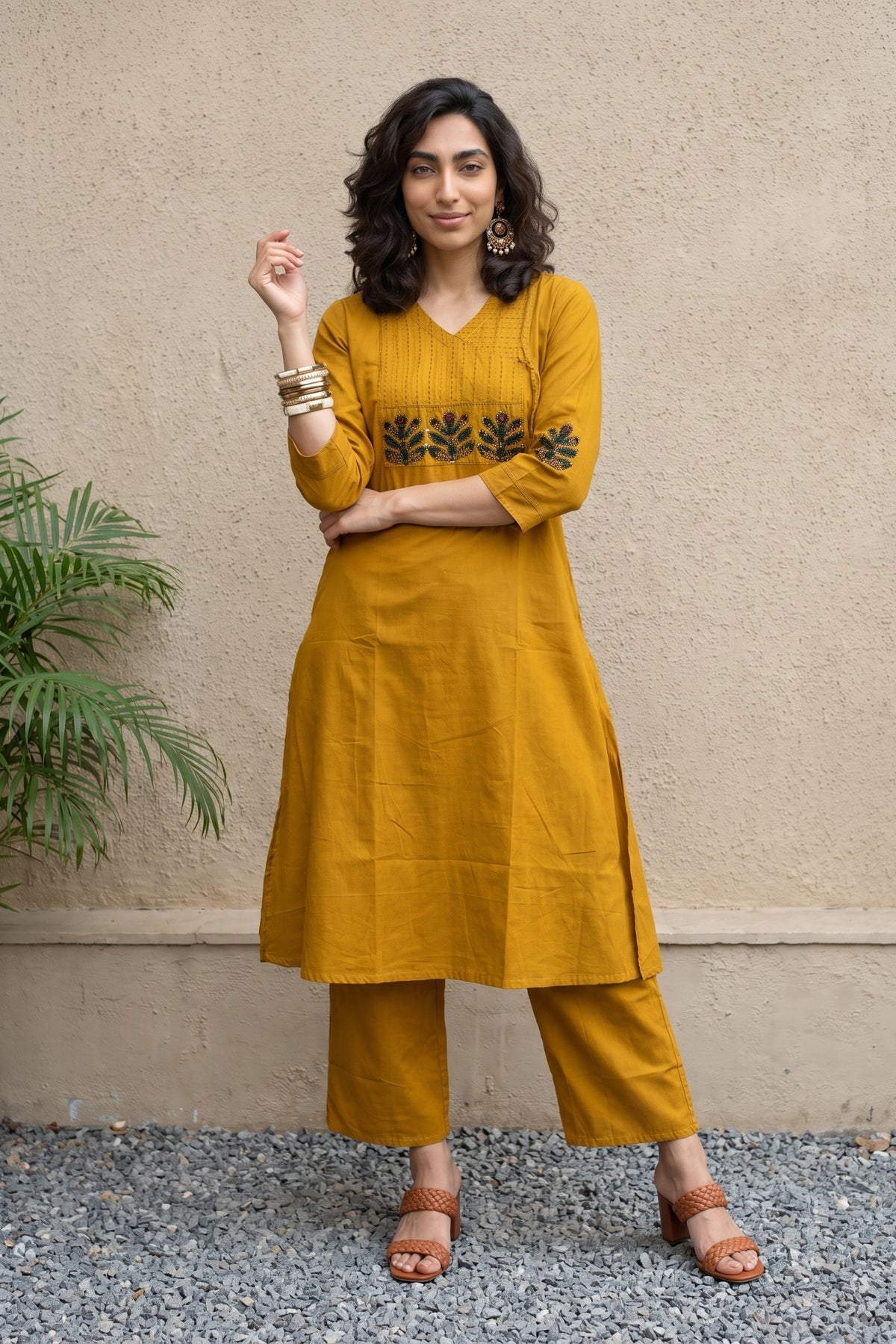 Mustard Solid embroidered yoke coord set