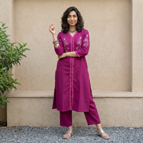 Magenta embroidered yoke coord set