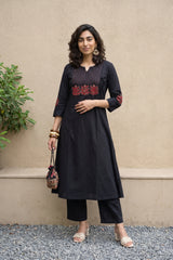 Black Solid embroidered yoke coord set