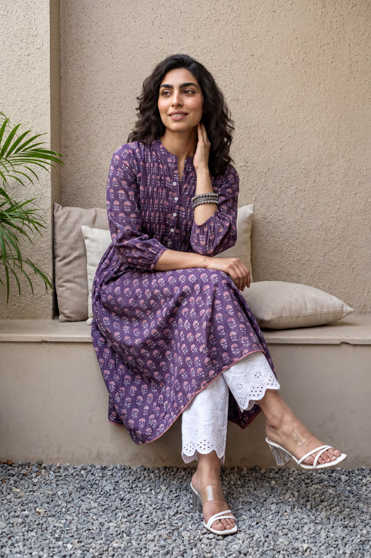 Deep Purple Printed Cotton aline Kurta