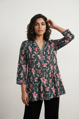 Bottle Green sanganeri pintucks Short kurti