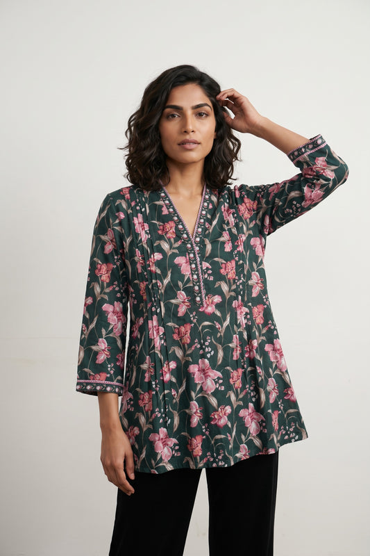 Bottle Green sanganeri pintucks Short kurti