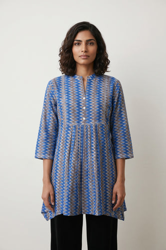 Blue grey zig zag yoke gather top