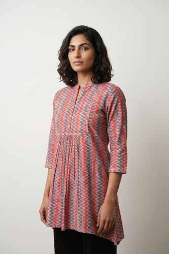 Peach grey zig zag yoke gather top