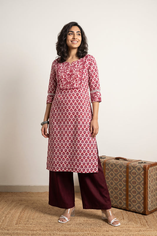 Cherry Floral Yoke lacework kurta