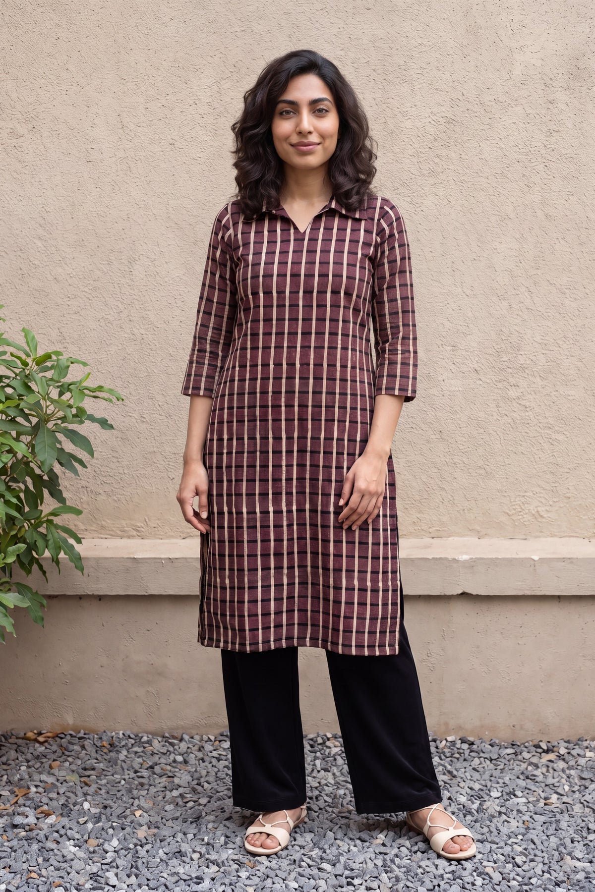 Brown checks collar neck kurta