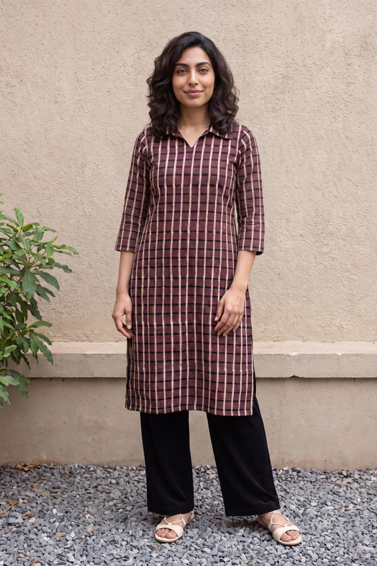 Brown checks collar neck kurta