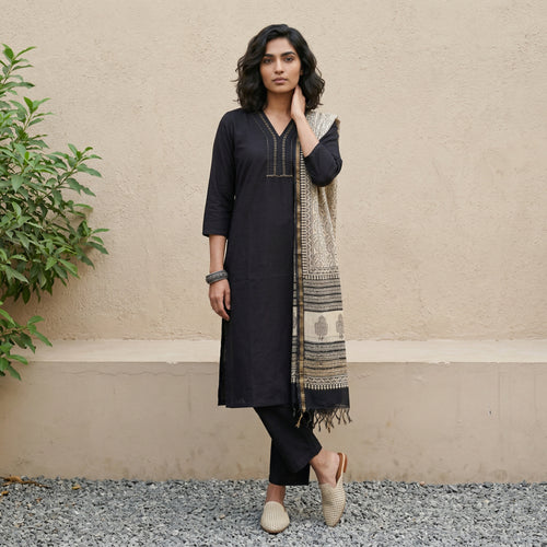 Black solid embroidered full suit set with chanderi duppata