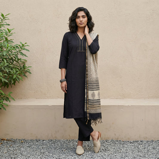Black solid embroidered full suit set with chanderi duppata