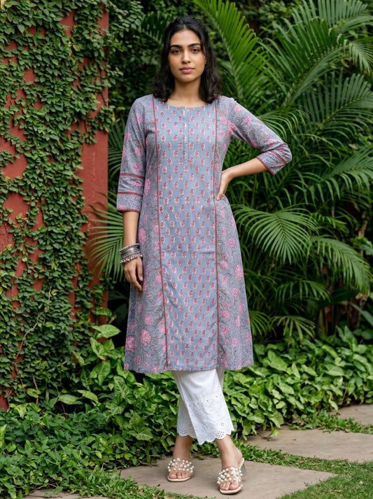 Pastel blue Handblock Kali style A-line kurta