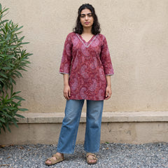 Red ambi handblock short kurti