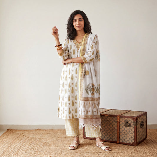 White Yellow Leaf handblock printed suit set