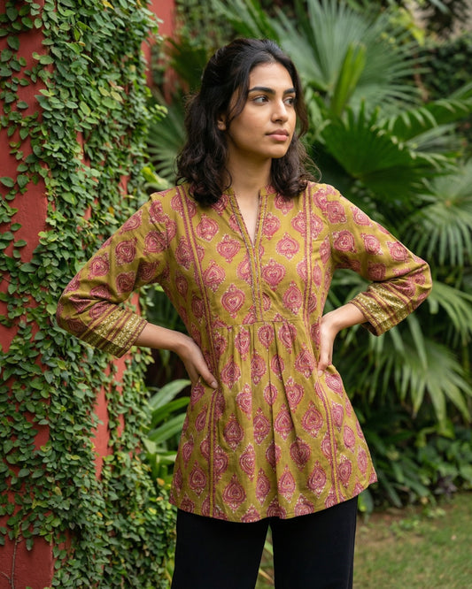 Lime Green Buta A-line Top