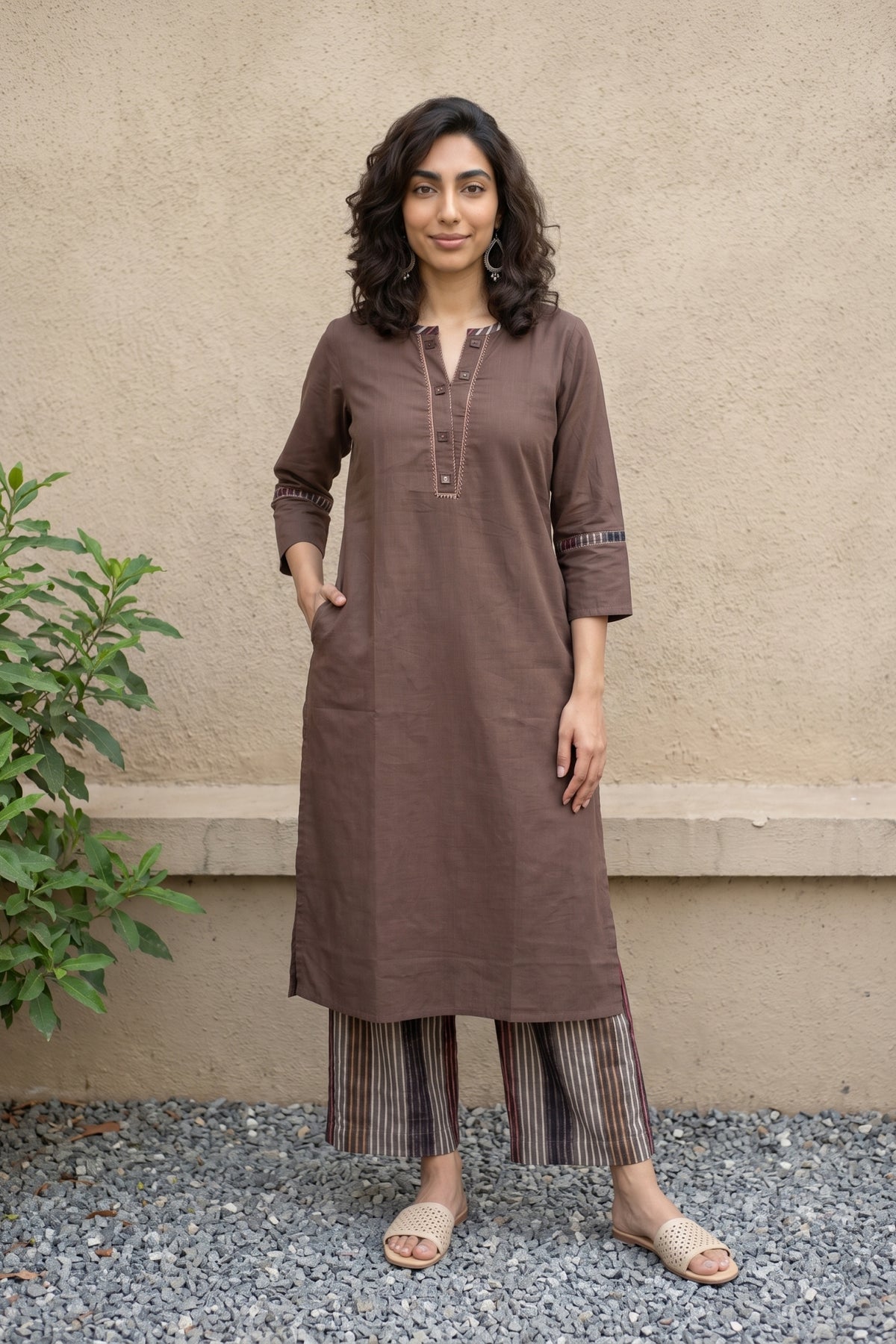 Brown solid emroidered coord set