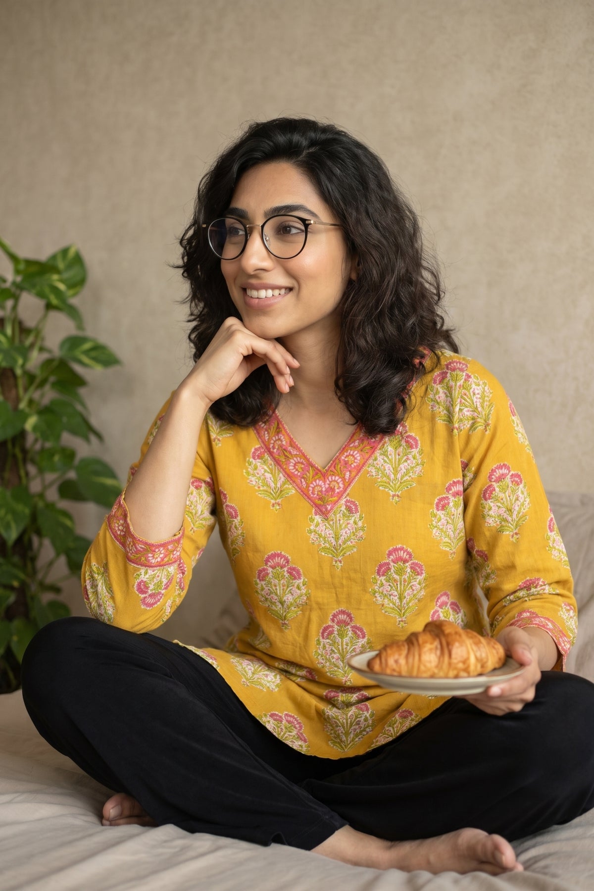 Yellow sanganeri short kurti