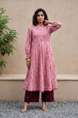 Peach pink flower pintucks aline kurta